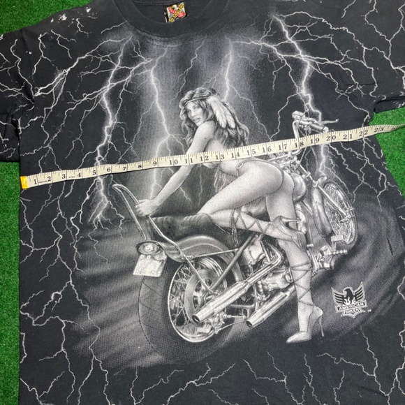 Vintage 3D Emblem Biker Girl All Over Print Lightening Tshirt - Picture 2 of 5